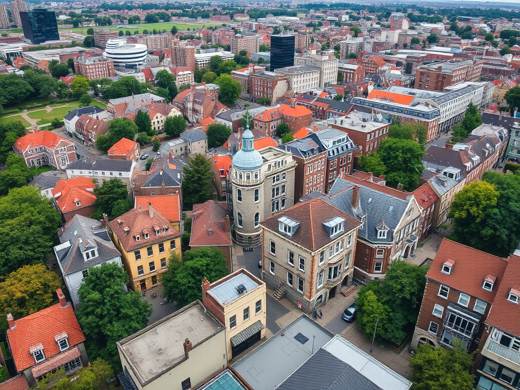 Вид на город с высоты, современные и старые здания среди деревьев и зелёных зон. Жилые районы с красными крышами.