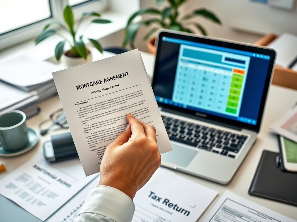На столе документы, в руках — ипотечное соглашение, рядом — ноутбук с таблицей и чашка кофе.