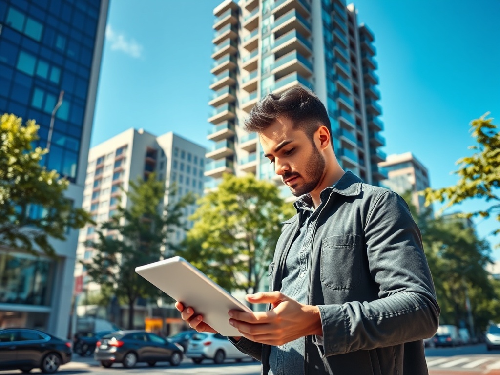 Молодой человек с планшетом на фоне высоких зданий и зелёных деревьев в городе. Ясная погода.
