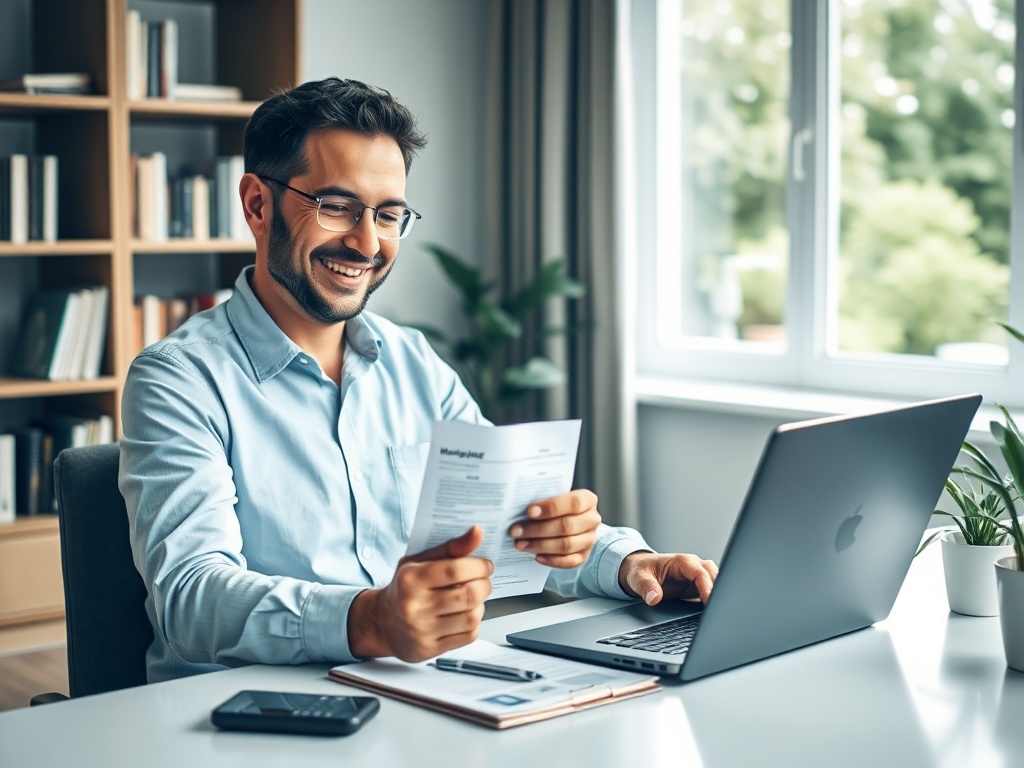 На фото мужчина в очках, сидит за столом с ноутбуком и изучает документы, улыбаясь. Солнечный офис.