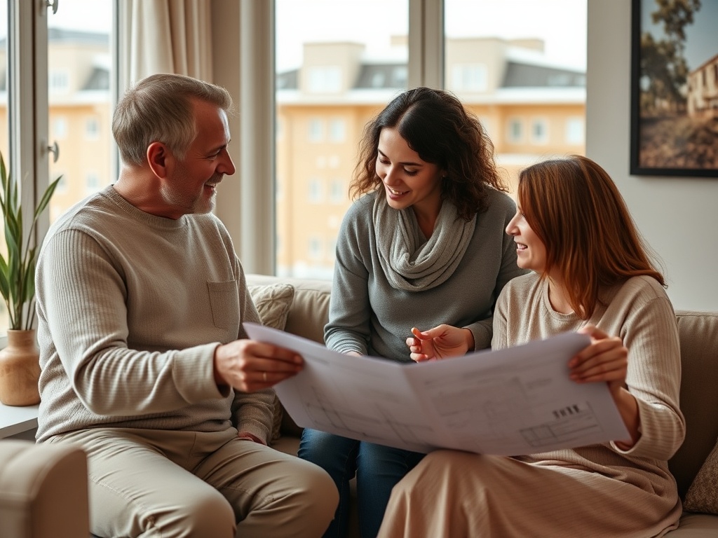 Трое людей обсуждают планы на диване, улыбаются и смотрят на чертежи. Светлый и уютный интерьер.
