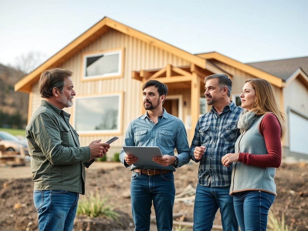 Четыре человека обсуждают проект строительства рядом с новым домом на фоне природы.