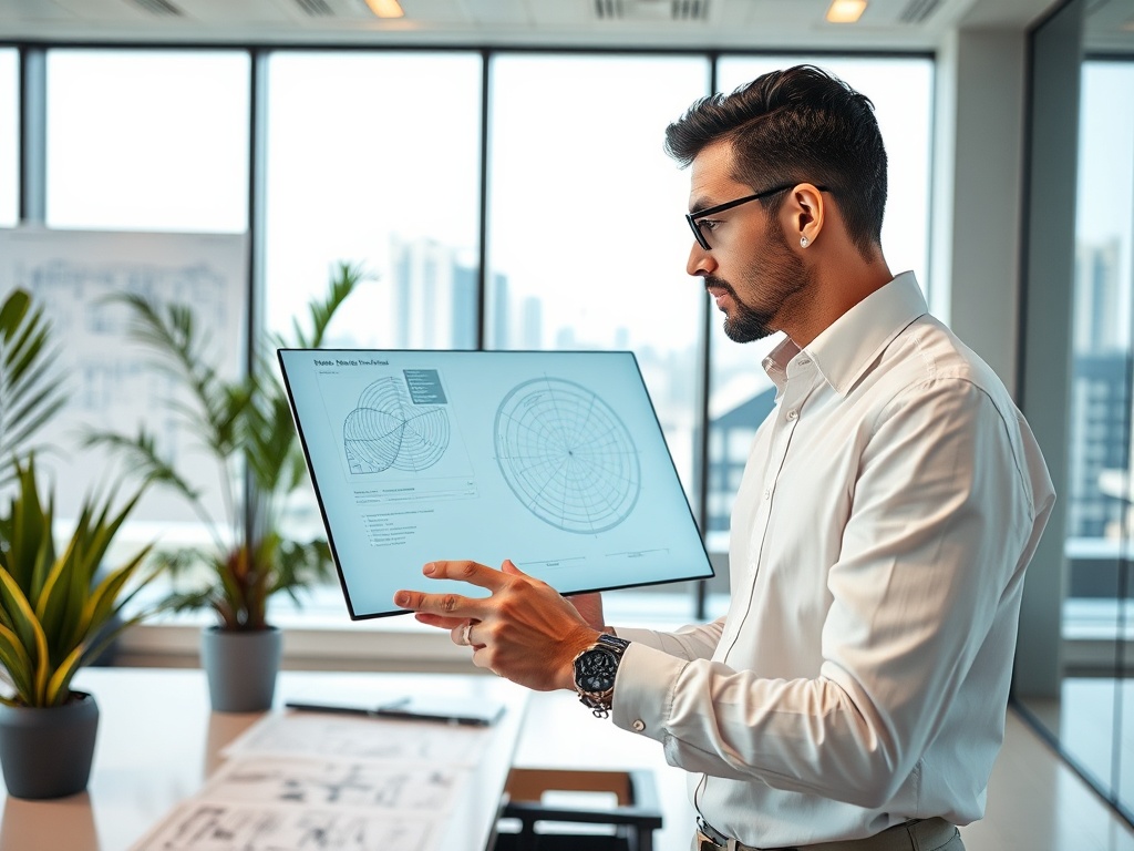 Мужчина в офисе рассматривает графики на планшете, на фоне больших окон с видом на город.