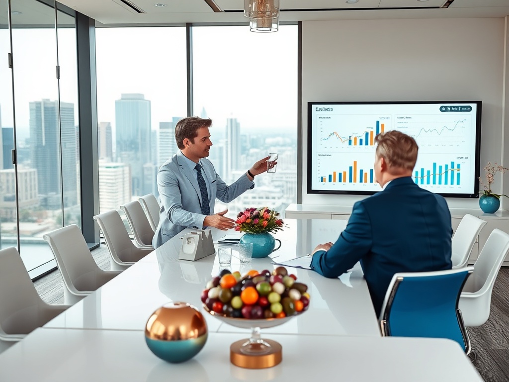 Два человека в офисной комнате обсуждают данные, графики на экране, декоративные фрукты на столе.