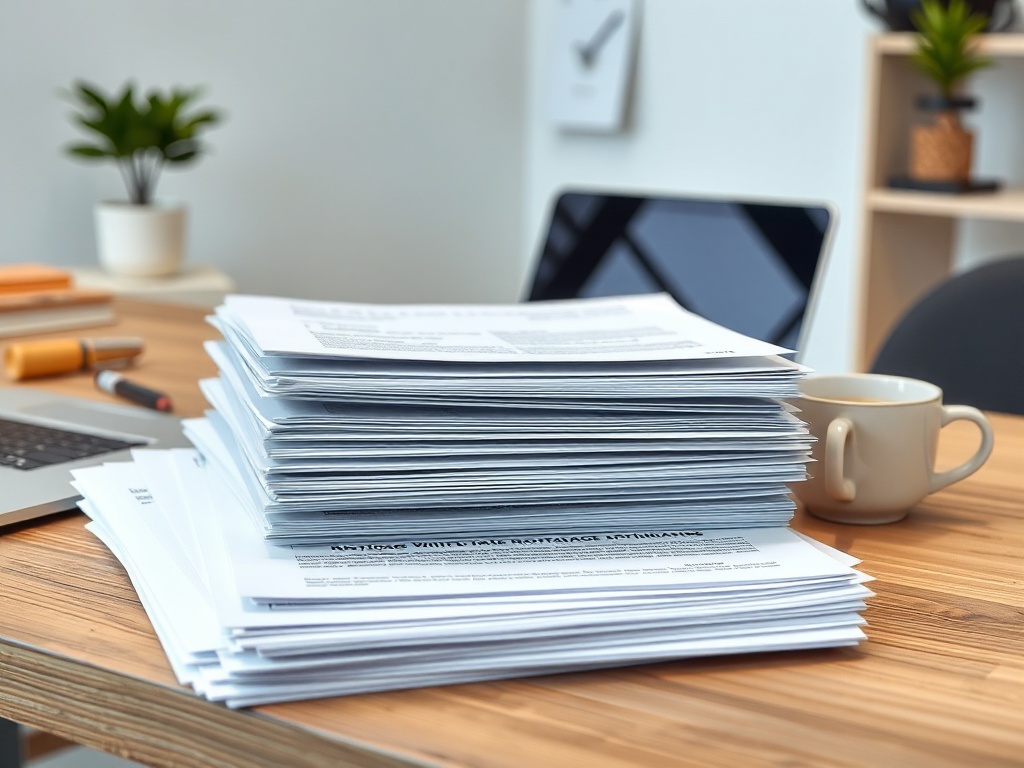 На столе лежит стопка документов рядом с чашкой кофе и ноутбуком. Ненавязчивая офисная обстановка.