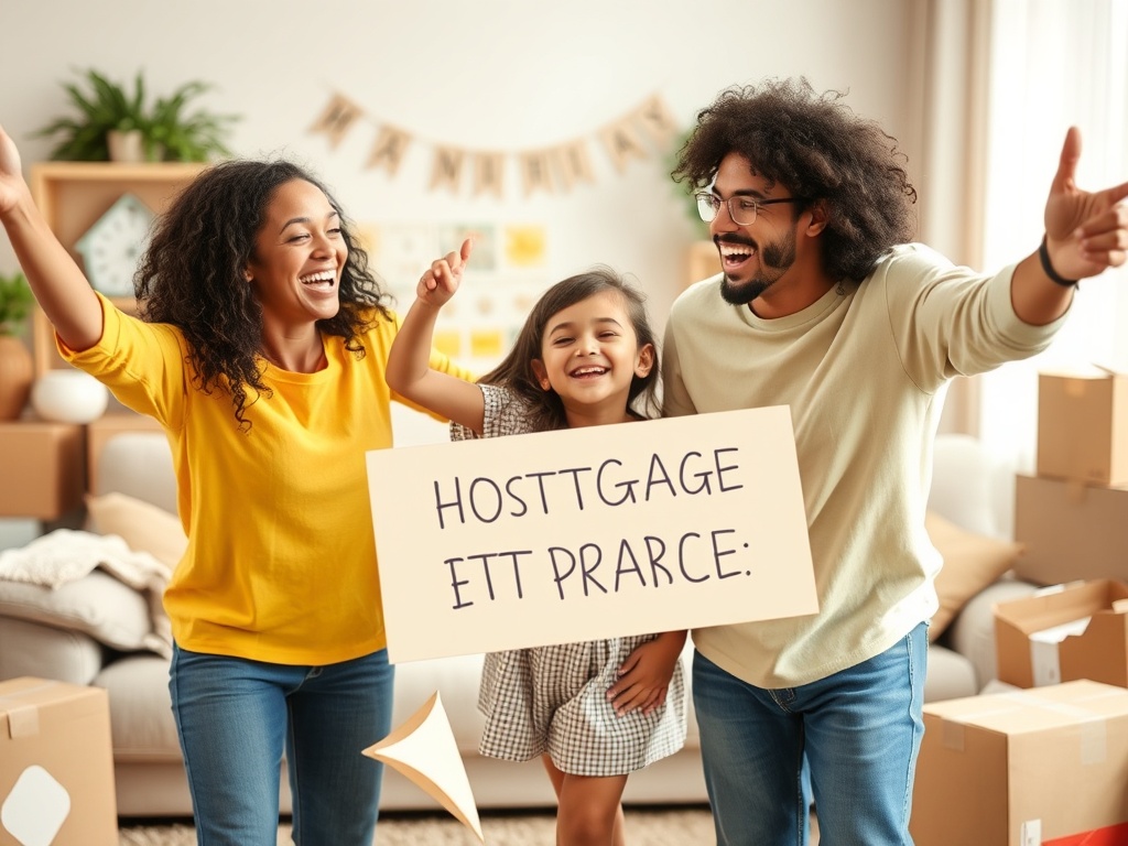 Семья счастливо позирует с плакатом в обстановке нового дома, окружённого коробками.