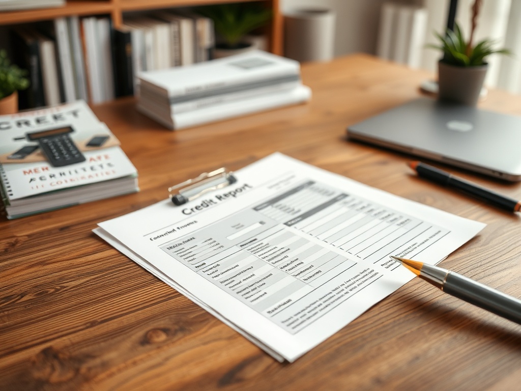 Отчет о кредитоспособности на столе с офисными принадлежностями и книгами на заднем плане.