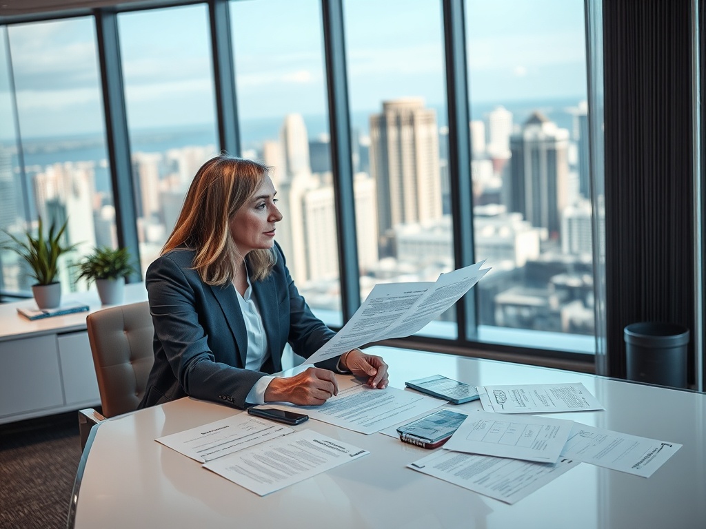 Женщина в офисе с видом на город анализирует документы. На столе бумаги и мобильные устройства.