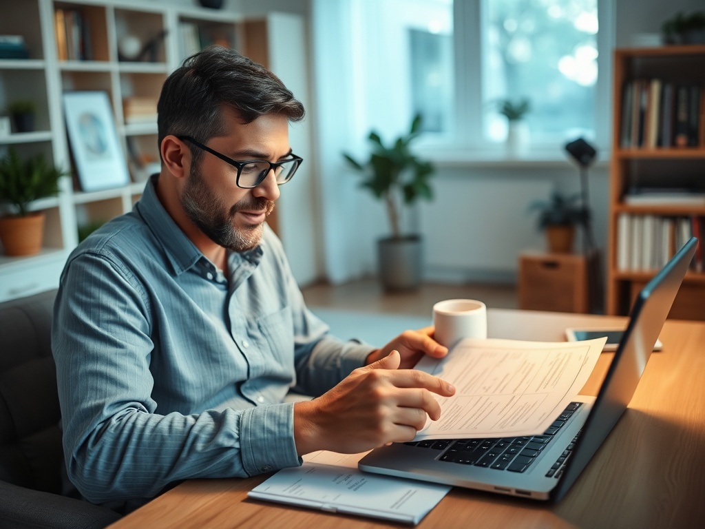 Мужчина с компьютером смотрит документы, держит чашку кофе в уютной домашней обстановке.